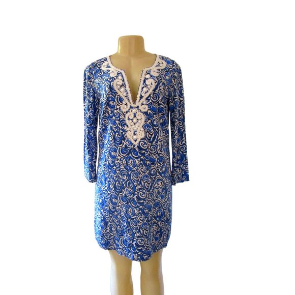 Lilly Pulitzer Julianna Embroidered Beaded Tunic Chasing Tail Blue/White Dress S - Picture 1 of 9